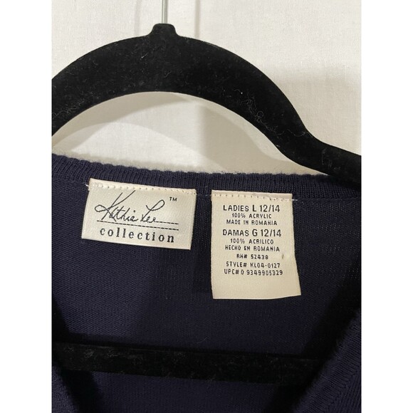 VTG Kathie Lee Cardigan Womens 12/14 Navy Embroidery Floral Cottage Sweater - Picture 3 of 6